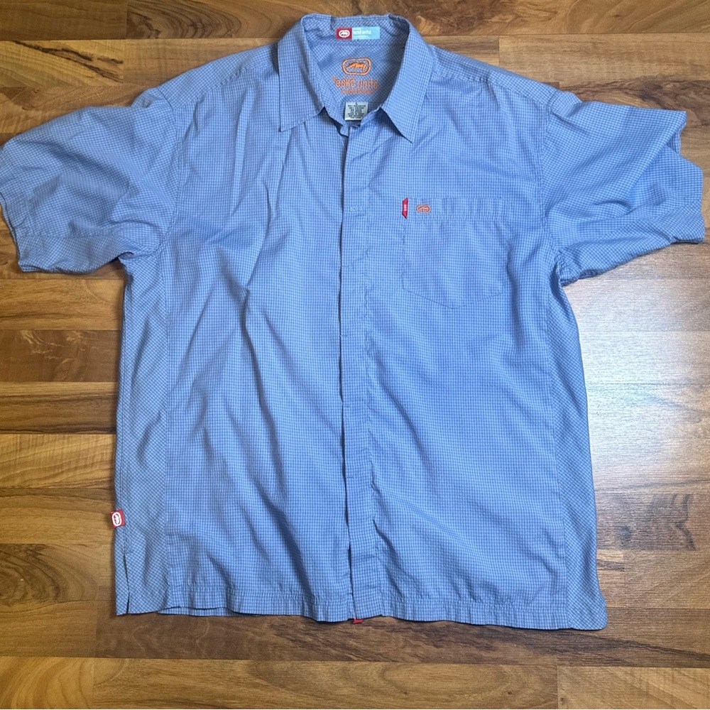 Ecko Unlimited Mens L Button Down‎ Woven Shirt Blue Red Check Chest Pocket